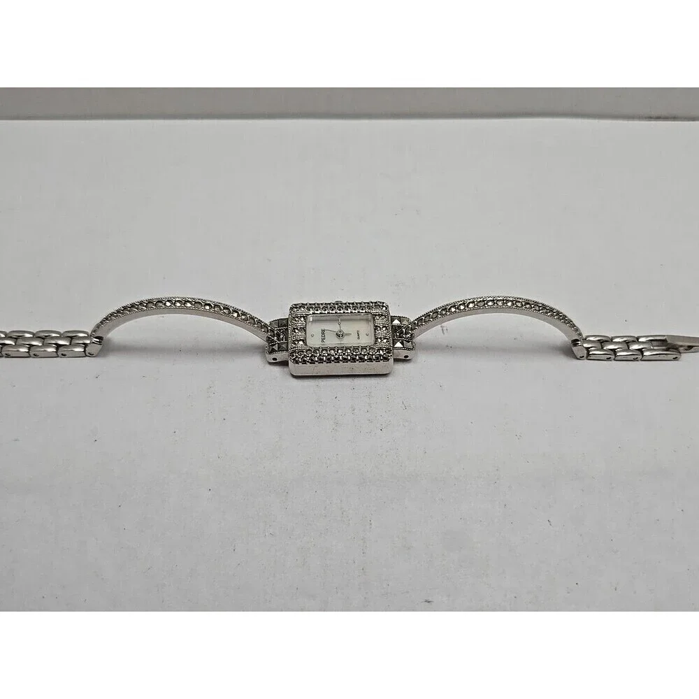 Pedre Marcasite Tank Bracelet Watch Quartz New Battery Silver Tone Vintage MOP
